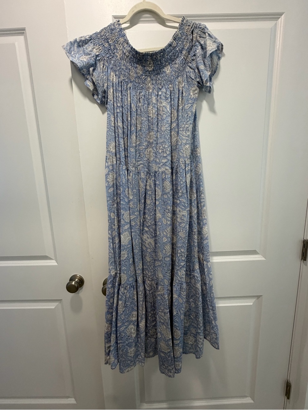 Marea by Liz Joy Light Blue Floral Smocked Off-Shoulder Maxi Dress